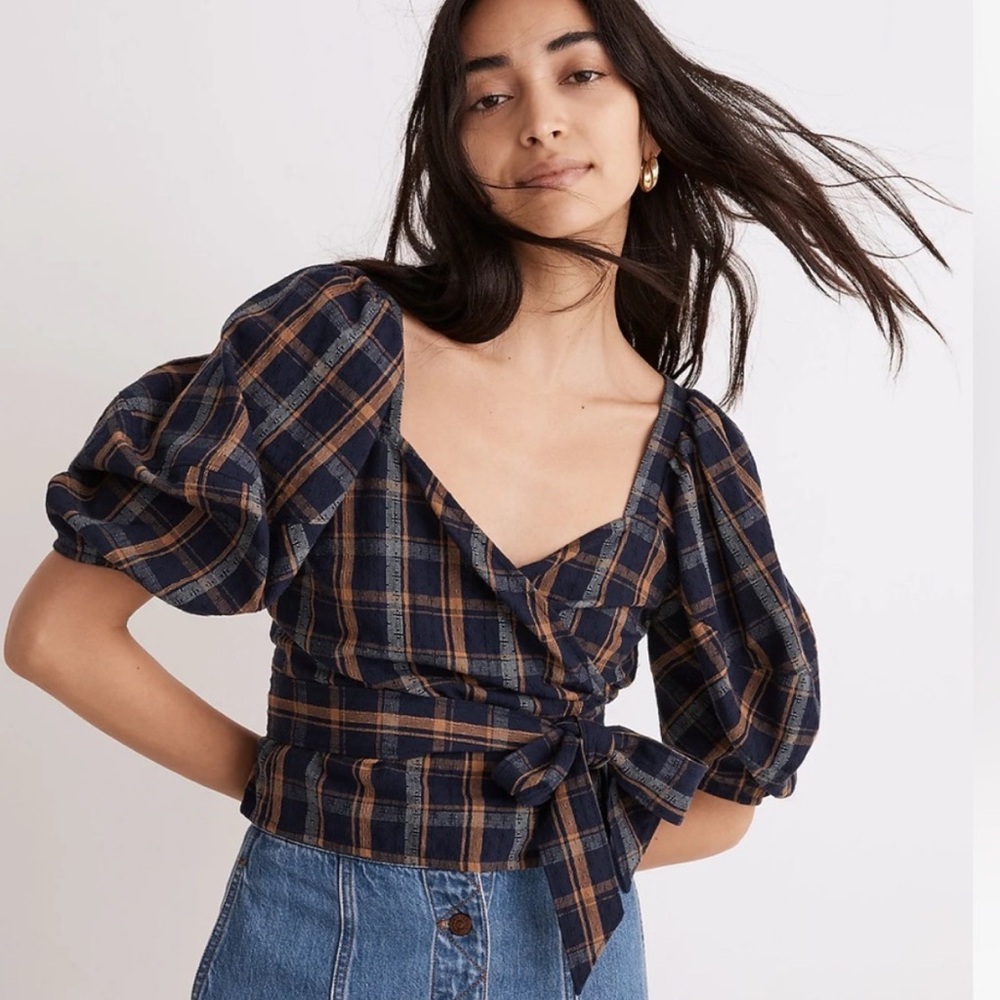 Madewell Plaid Wrap Top - Navy and Brown